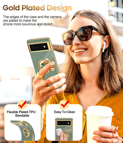 LeYi Google Pixel 6 Case: L-Green, Plating Rose Gold Edge, 360° Rotatable Ring Holder & Magnetic Kickstand.