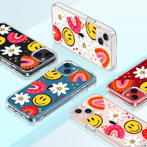 GiiKa iPhone 13 Case with Screen Protector, Clear Floral Shockproof Hard Case & TPU Bumper, Colorful Graffiti Design.