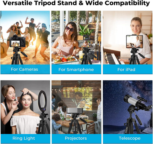 Tripod 75" Camera Tripod, Lightweight Travel Cell Phone Tripod with Wireless Remote, Professional Aluminum Tripod for