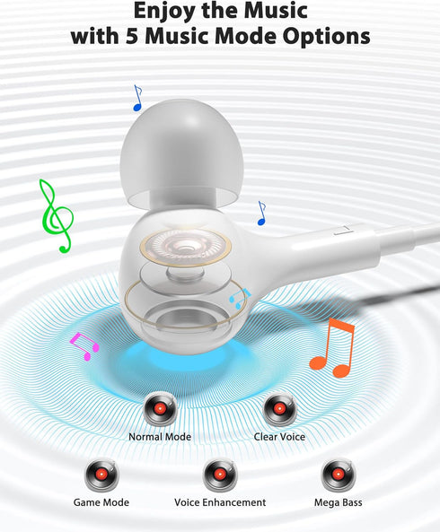 USB C Headphones Wired Earbuds with Microphone HiFi Stereo Deep Bass Noise Cancelling Multiple Music Sound Effects In Ear Earphones for Live Singing Recording, KTV Karaoke, Live Video Streaming White