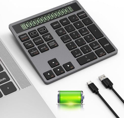 Tioleje Rechargeable Bluetooth Number Pad with Display Calculator - 2-IN-1 Wireless & Wired