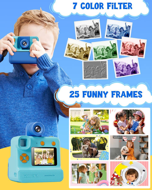 Kids Instant Print Camera - 24MP & 1080P Selfie Digital Camera with 3 Roll No-Ink Print Paper, 32G SD Card