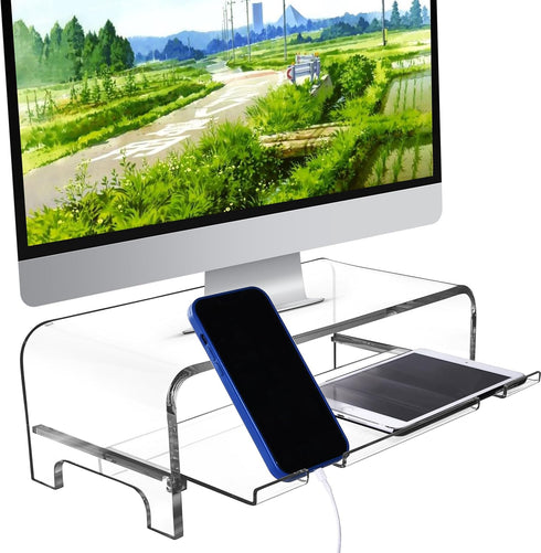 2 5.7 Inch AMT Tier High Acrylic Laptop Monitor Stand & Computer Riser with Cat Keyboard Protector, Space-Saving