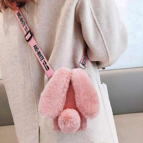 Rabbit Ear Case for Samsung Galaxy A54 5G, Crossbody Strap Fuzzy Cute Women Girls Plush Bunny Fur