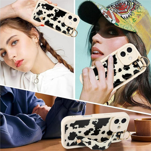 Jefonha 16 Compatible with iPhone Case with Finger Hand Strap for Girls Women, Cute Funny Milk Cow Phone Case