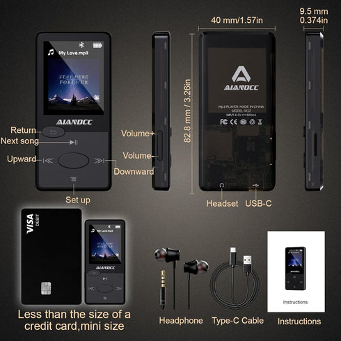 Aiandcc 64GB Mp3 5.3 Mp3 Player with Bluetooth HiFi Sound, Player with FM Radio, Mini Music Player for Kids Adults