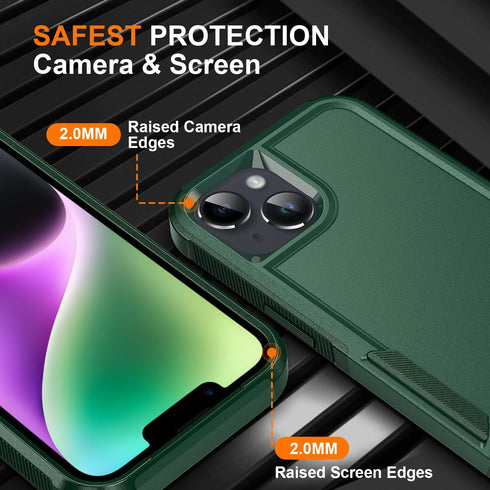 Ezanmull iPhone 14 Case - Dark Green, Full-Body, Shockproof & Dropproof + 2 Tempered Glass & Camera Lens Protectors.