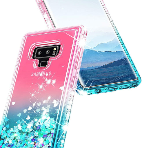 Case for Samsung Galaxy Note 9 with Screen Protector, Pink/Aqua, Sparkle Glitter Flowing Liquid, Ring Holder/Wrist Strap