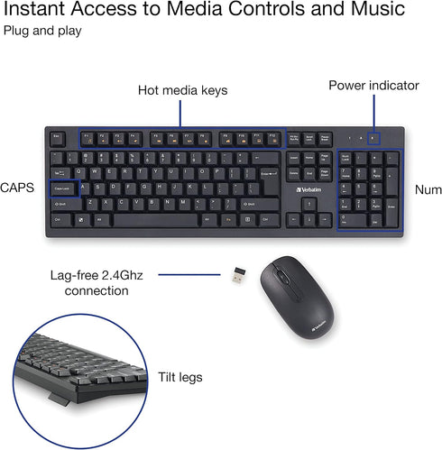 Verbatim Slimline Wireless Keyboard and Mouse Combo, 2.4GHz USB Plug-and-Play, Full-Size Computer Keyboard Compatible