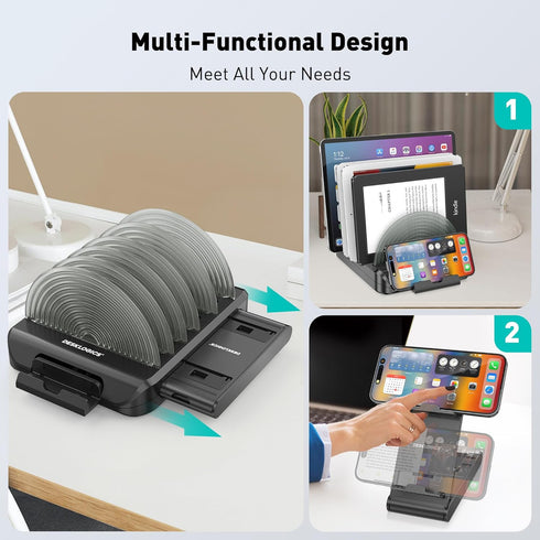 Vertical Laptop Stand for Desk, Adjustable Multi-Device Organizer with 6 Dividers, Removable Phone Stand, Black