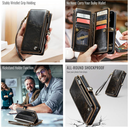 Defencase iPhone 11 Wallet Case, RFID Blocking Card Holder for Women and Men, PU Leather Magnetic Snap Flip Case, Coffee