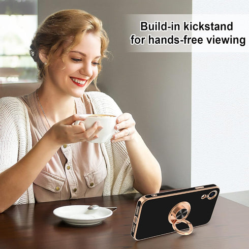Hython iPhone XR Case - Black Soft TPU Bumper, 360° Rotatable Ring Stand, Shockproof, Rose Gold Edge, 6.1-Inch.
