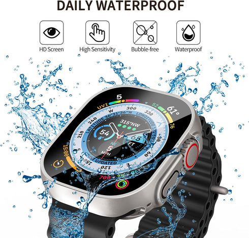 (2 in 1) Waterproof Case Compatible for Apple Watch Ultra/Ultra 2, Tempered Glass Protective PC Face Cover & Back Bumper