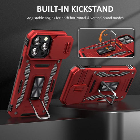 iPhone 15 Pro Max Case with Slide Camera Cover & Finger Ring Holder, Magnetic Car Mount Compatible (Red)