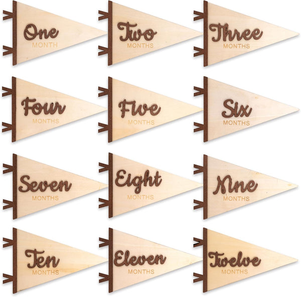 KIETKIE Baby Monthly Milestone Pennant Signs - Wooden Monthly Age Marker from One