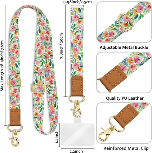 Piefly Phone Lanyard Crossbody Strap, Floral Flower Cell Phone Lanyard for Women, Wrist Strap Wristlet Adjustable