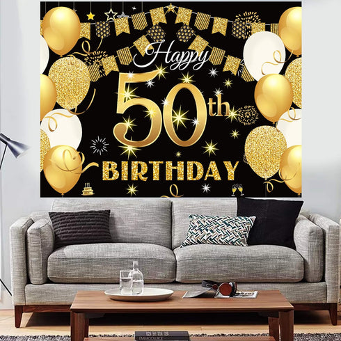 Saliyaa 7x5ft Happy 50th Birthday Backdrop, Black Gold Birthday Sign Poster for Men Women 50th Party