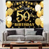 Saliyaa 7x5ft Happy 50th Birthday Backdrop, Black Gold Birthday Sign Poster for Men Women 50th Party