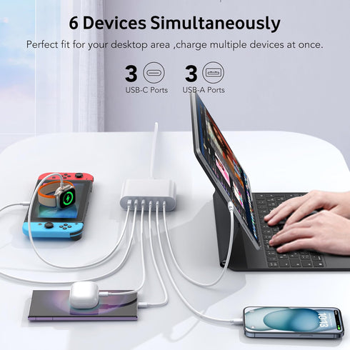 100W USB C Fast Charger Block, Compact GaN 6 Port PD USB C & QC USB A Wall Charger, Type C Charging Station Hub for
