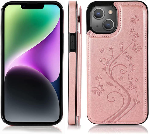 Asuwish Card Holder Wallet Cover Case for iPhone 15 6.1 inch, with Tempered Glass Screen Protector, Rose Gold