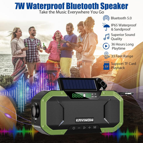 Emergency Radio Waterproof Bluetooth Speaker, Portable AM FM NOAA Weather Radio, Hand Crank Solar Powered, 5000mAh