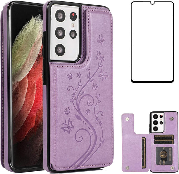 Samsung Galaxy S21 Ultra Phone Case, Purple, with Tempered Glass Screen Protector, Card Holder Wallet Cover, Stand Flip