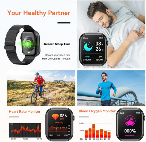 Smart Watch with Call Function, 1.85" Fitness Tracker, Heart Rate/Sleep Monitor, Waterproof for Women & Men