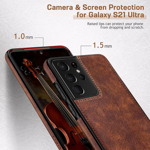 LOHASIC for Galaxy S21 Ultra Case, Premium Leather Luxury Business PU Non-Slip Grip Shockproof Cover - Brown