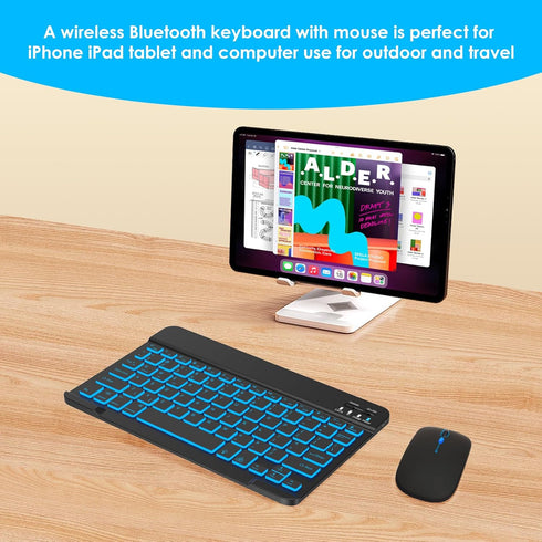 LAMA 7 Colors Backlit Bluetooth Keyboard and Mouse, Ultra-Slim Wireless for iPad, iOS, Windows & Android