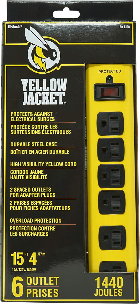 Yellow Jacket 5138N 15-Foot Cord Jacket, 6-Outlet Surge Protector, 1440J, Yellow/Black