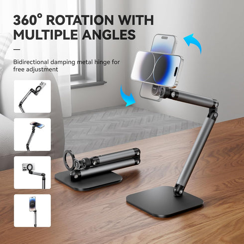 Phone Holder for Desk with Magnetic Design, Tablet Stand for iPad, Heavy Duty Metal Base, 360° Rotation, Height & Angle