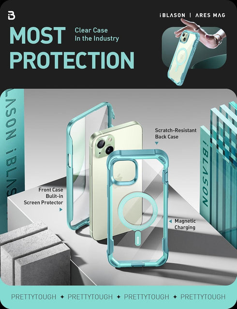 i-Blason Ares Case for iPhone 15/14/13 (6.1'') - Rugged Clear Bumper, Built-in Screen Protector, MagSafe Compatible
