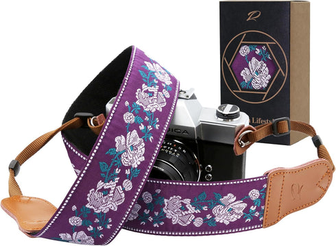 Padwa Lifestyle Purple Flowers Embroidered Camera Strap, 2" Cotton Vintage Straps with Double Layer Cowhide Ends