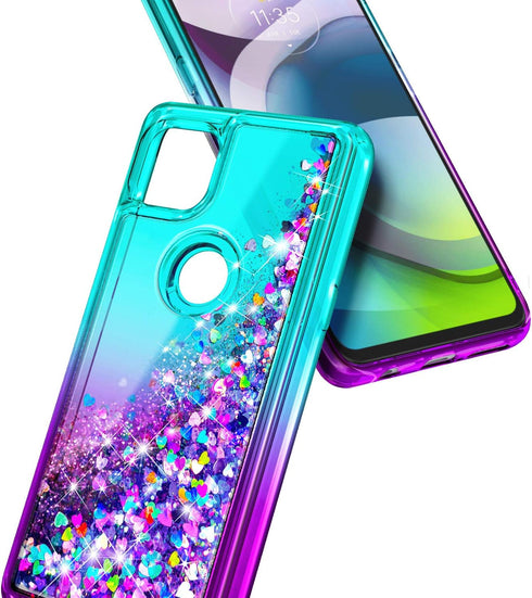 NZND Case for Motorola One 5G Ace - Tempered Glass Screen Protector, Sparkle Glitter Flowing Liquid Case