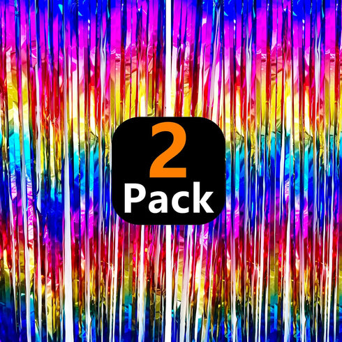 Sparkly Rainbow Foil Fringe Curtain, Metallic Streamers Tinsel Party Backdrop Decorations - 2 Packs