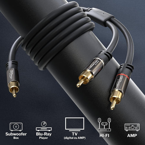 KabelDirekt RCA/Phono Y Cable - 25ft Long, 1 to 2 RCA/Phono, Male/Male Plugs, Black