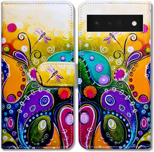 Case for Pixel 6 Pro, Colorful Dragonfly Leather Flip Wallet Cover with Card Slot and Kickstand