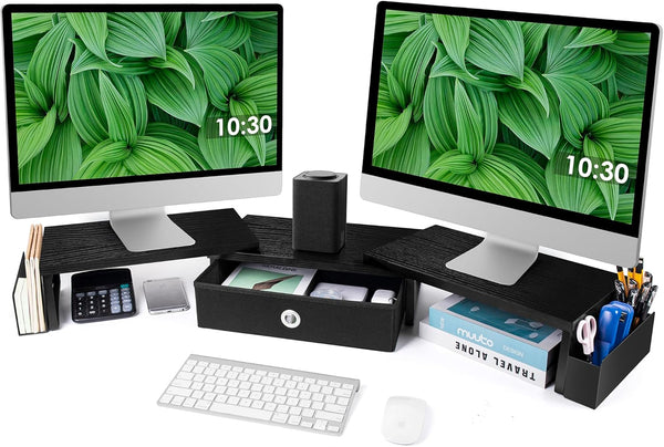 Dual Monitor Stand Riser with Drawer & Metal Leg, Large Computer Monitor Riser for 2 Monitors, Desktop Organizer