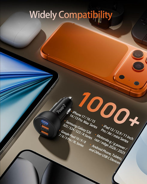 power-7 2 Pack 70W 3-Port 17/Air/16/15/14/13/12 S25/S24/S23, USB C Car Charger, PD/QC Fast Charging Cigarette Lighter