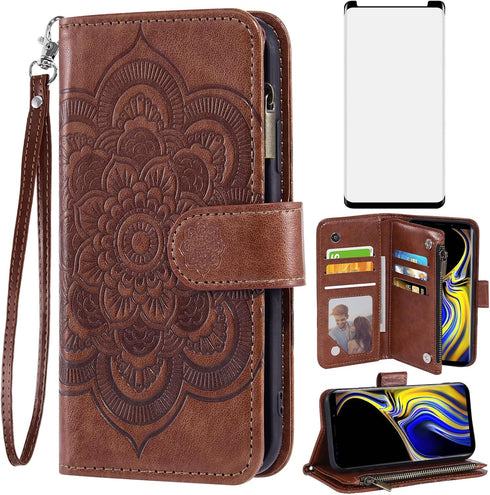 Asuwish Galaxy Note 9 Wallet Case with Flower Leather, Tempered Glass Protector, Flip Stand, Card Holder - Brown