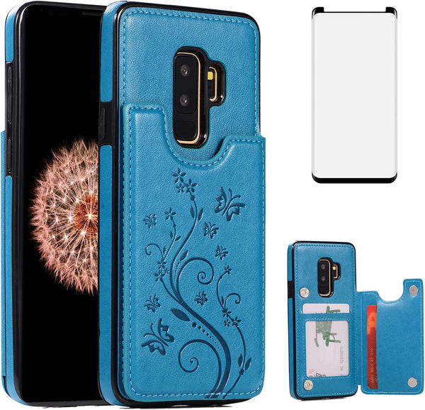 Phone Case for Samsung Galaxy S9 Plus with Tempered Glass Screen Protector, Card Holder Wallet Cover, Stand Flip