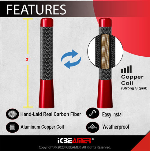 ICBEAMER 3" 76 mm Short Automotive Antenna, Carbon Fiber Polished Finish & Red Aluminum, Universal Fit for Car, Truck,