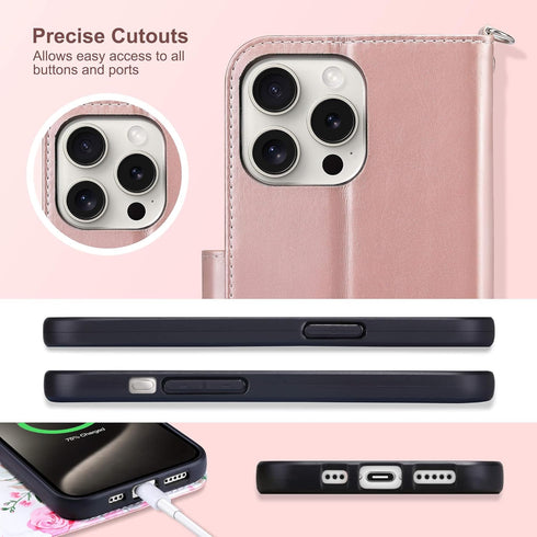ULAK Compatible with iPhone 15 Pro, Wallet Case with Card Holder, Flower Flip Case for Women Girls, Rose Gold