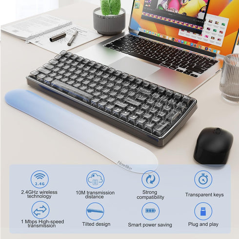 Wireless Transparent Keyboard and Mouse Combo with Soft Wrist Rest, Ergonomic Full-Size with Clear Keycaps, Compatible