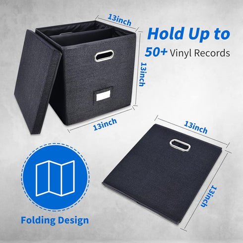 Sturdy Vinyl Record Storage Box - Black Album Storage Holds 50+ Single Records, LP Organizer Crate with Lid