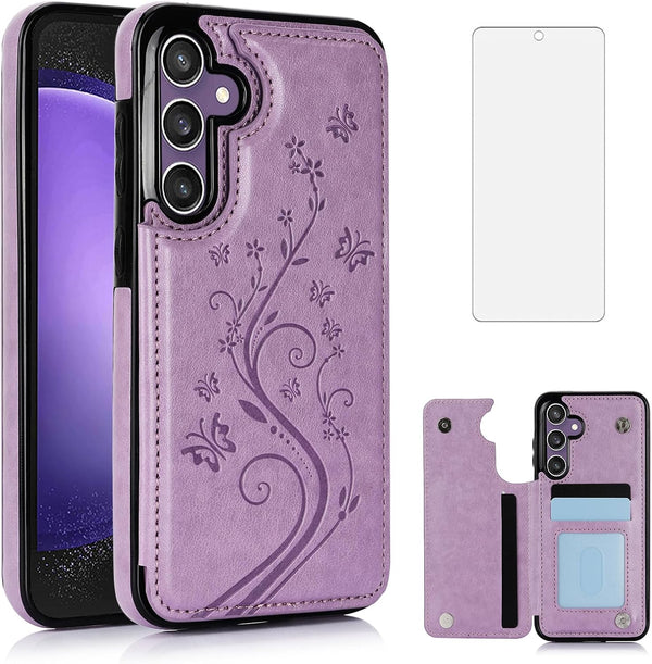 Asuwish Wallet Cover Phone Case for Samsung Galaxy S23 FE 5G, with Tempered Glass Screen Protector, Purple