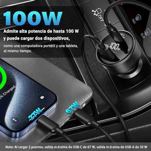100W USB C Car Charger with Display, PD3.0+QC Type C Adapter for Laptops, MacBook Pro, iPhone 15/14
