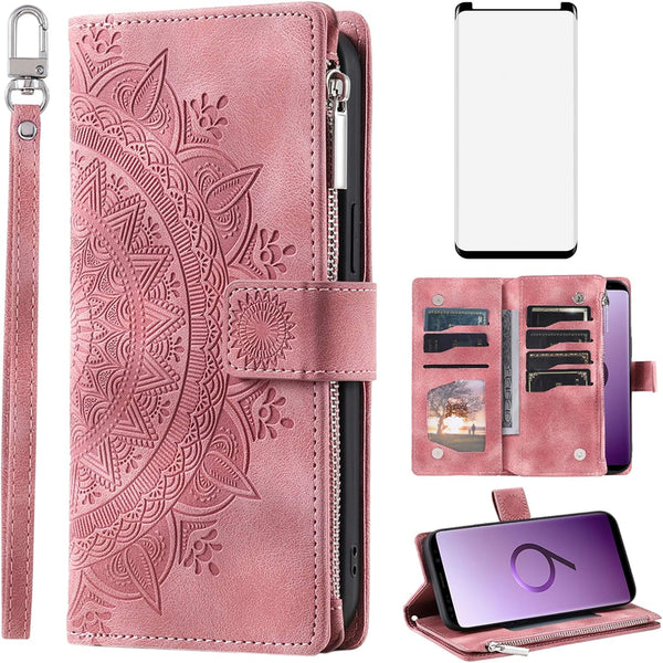 Asuwish Wallet Case for Samsung Galaxy S9 - Mandala Flower Leather, Zipper Card Holder, Tempered Glass, Rose Gold.