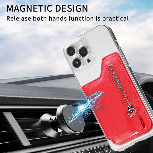 Phone Wallet Stick On, Flip PU Leather Card Holder with Zipper Closure Coin Pocket, Magnetic Closure for