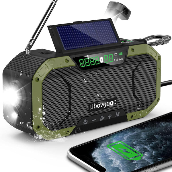 Emergency Radio Waterproof Bluetooth Speaker, Portable AM FM Radio with Flashlight and Solar Panel